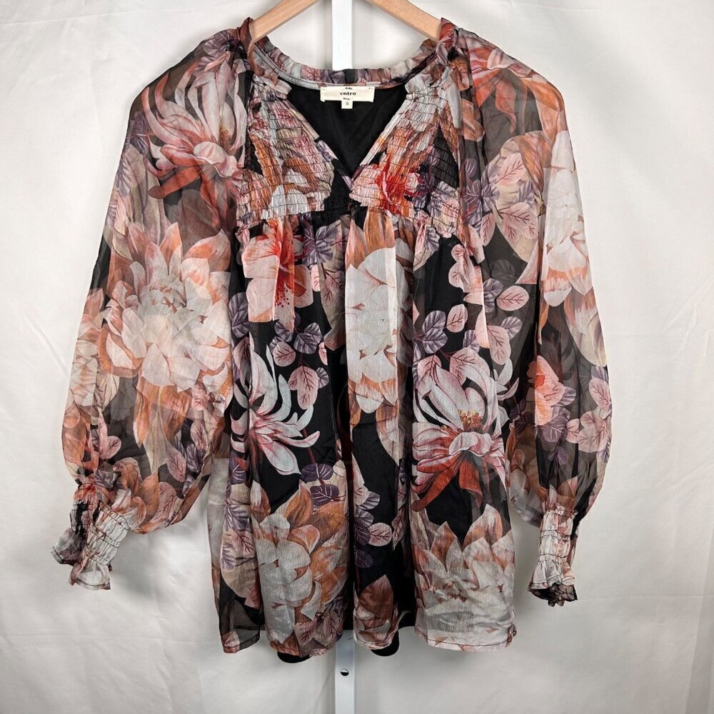 2/$30 Entro Size Small Long Puff Sleeve Chiffon Top Blouse Floral Boho